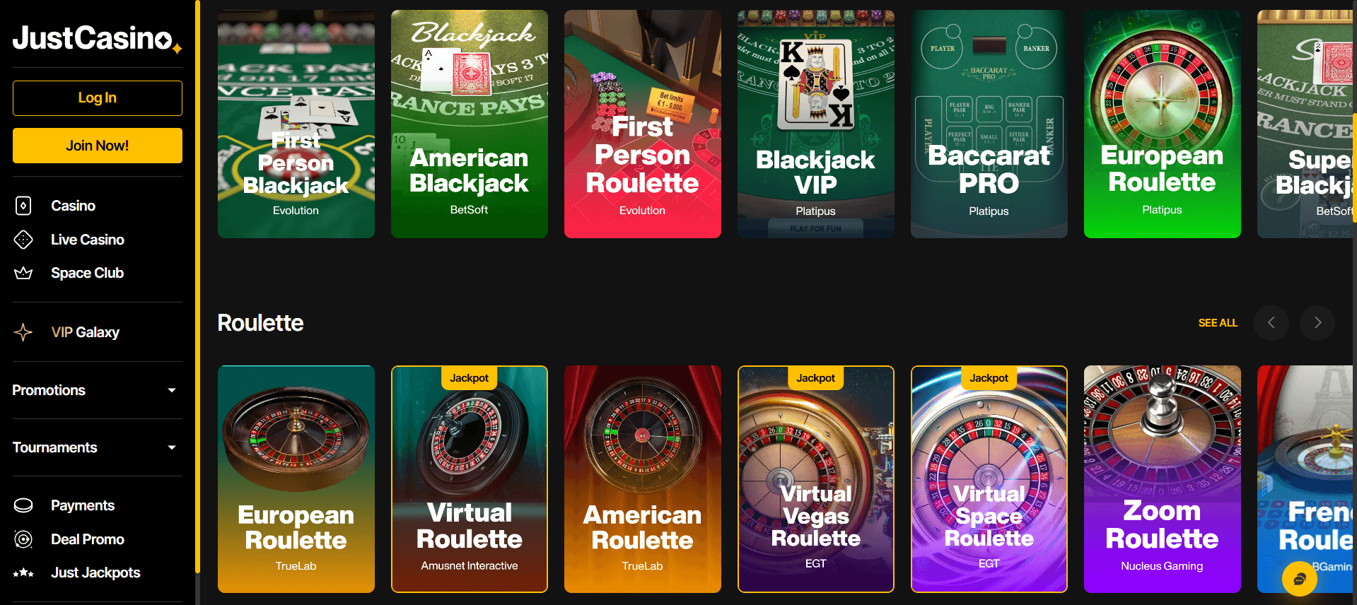 Just Casino table games
